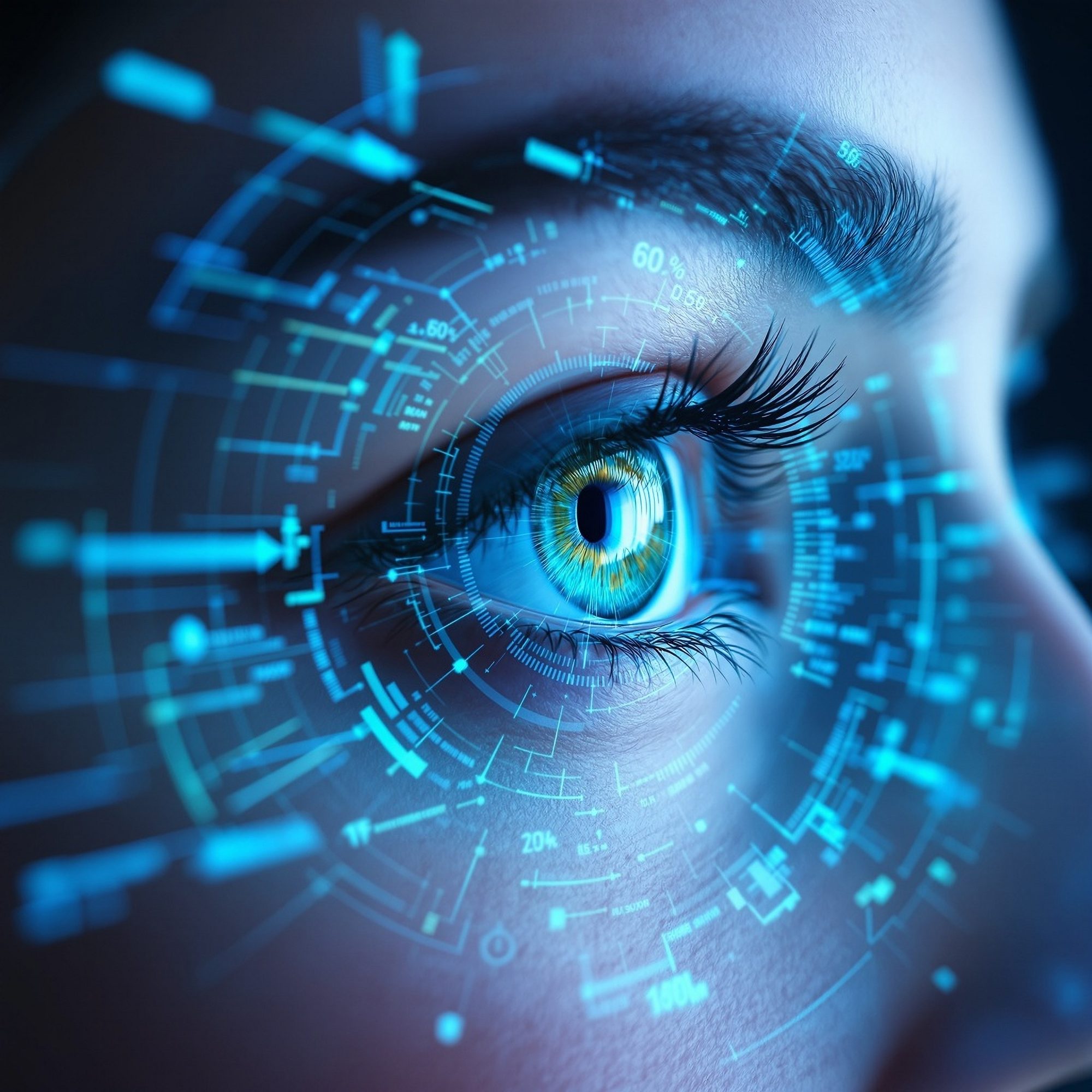 Close-up of a human eye with digital health data overlay